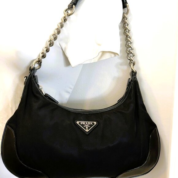 Vintage Y2K black Prada Saffiano Tessuto Nylon-Leather Bag w/chain - Picture 12 of 17